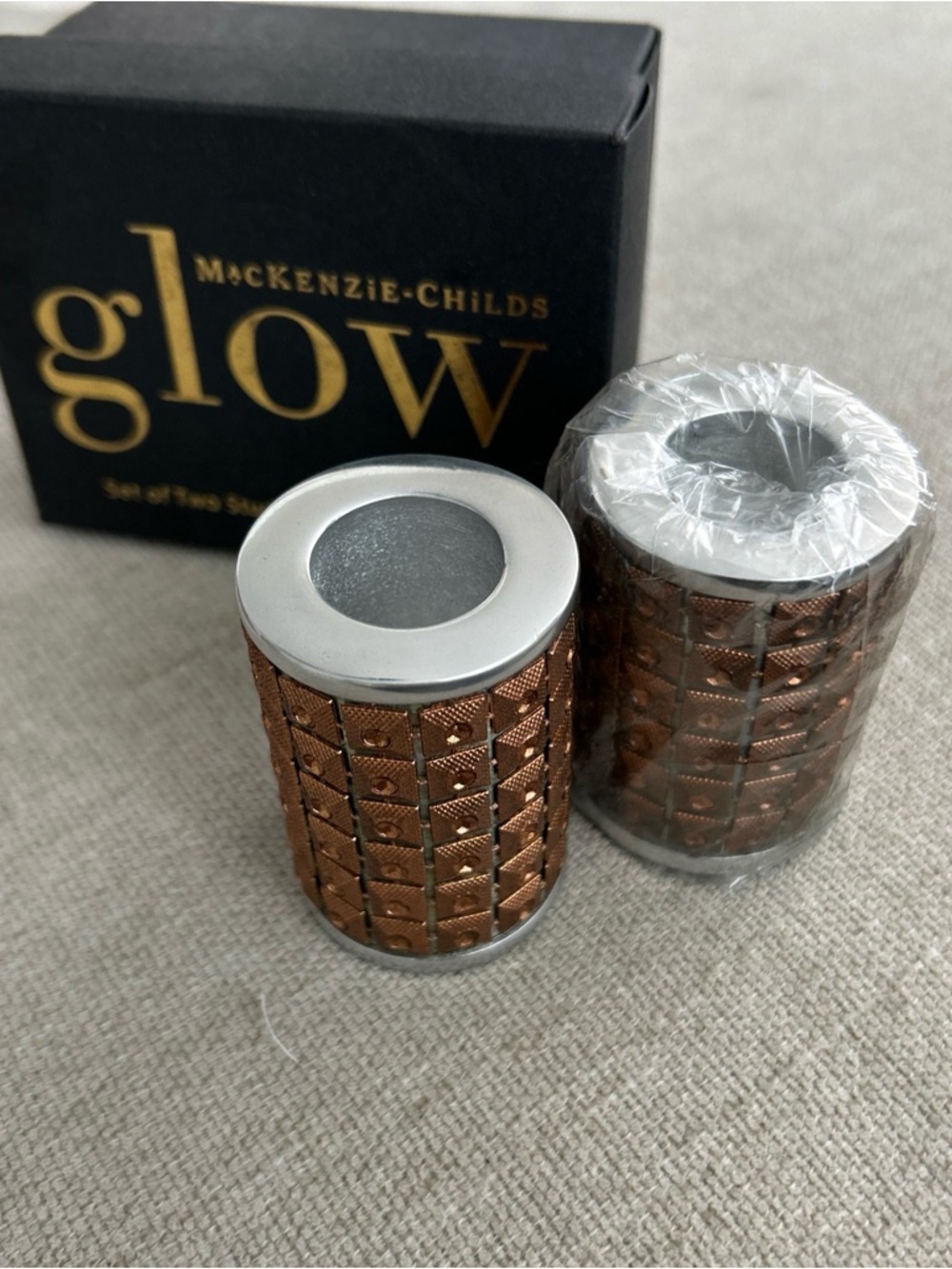 McKenzie-Childs Glow Copper Mosaic Candle Holders - Pair